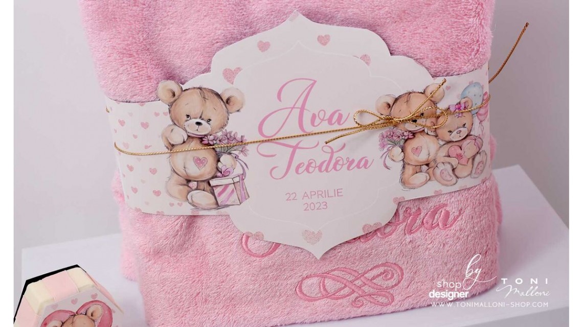Trusou de botez cu ursuleti roz si inimioare Teddy Bear Pink Hearts 8